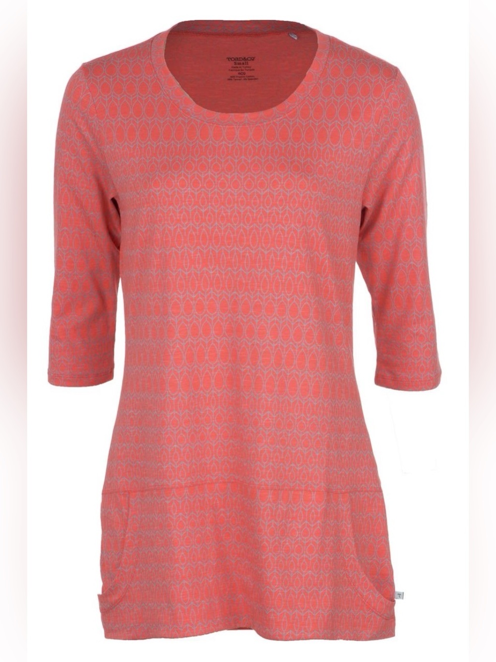 Toad&Co Ursa Printed Tunic Top with Pockets Pink Coral 3/4 Sleeves